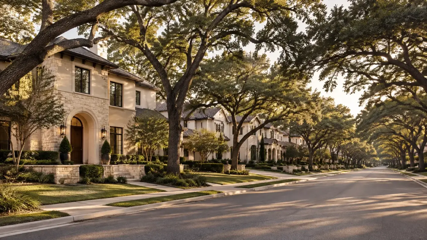 Tree-lined residential street with limestone homes, landscaped yards, and a low ridge in the distance
