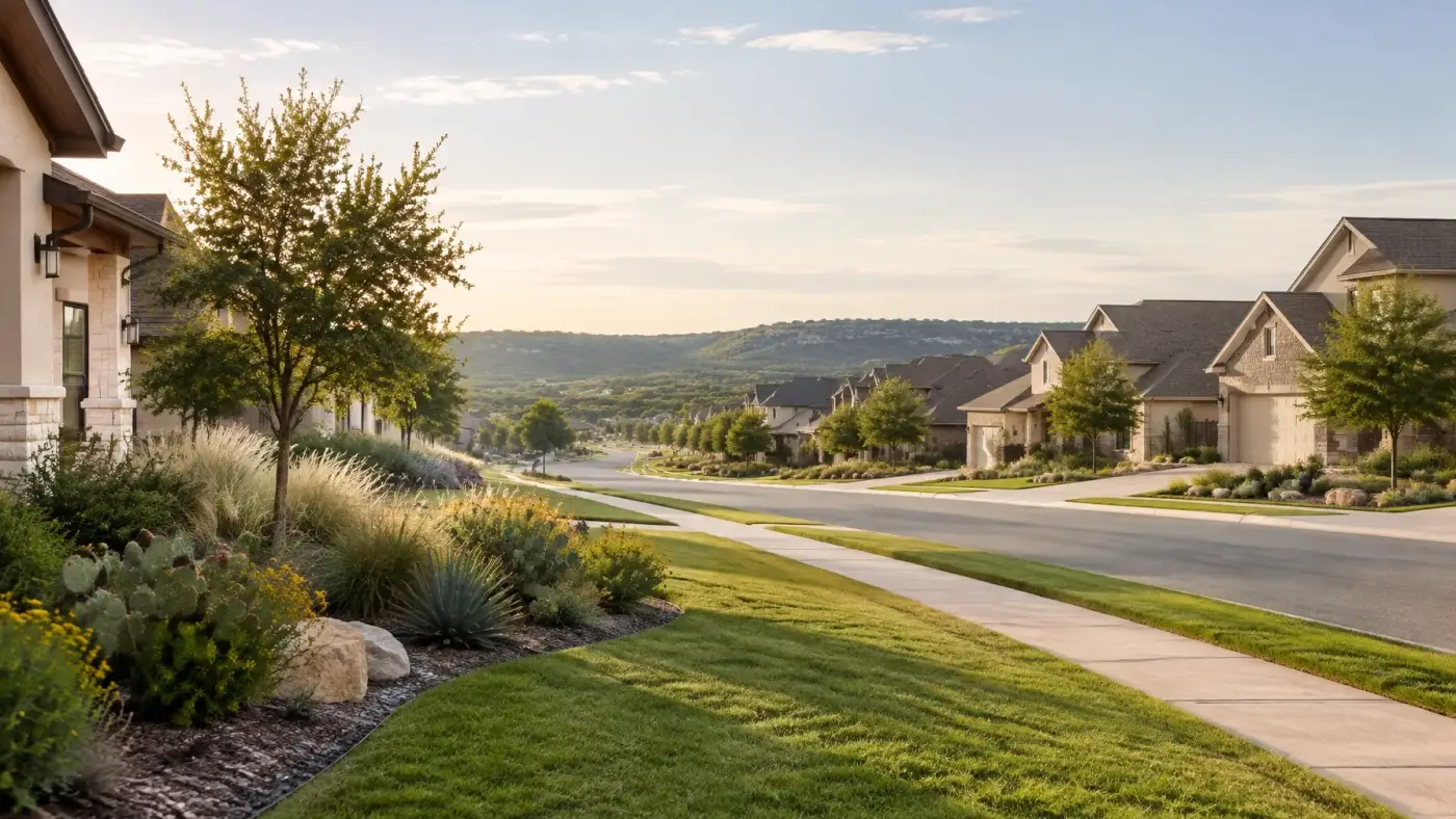 Sunlit residential street with landscaped yards, native plants, and single-family homes