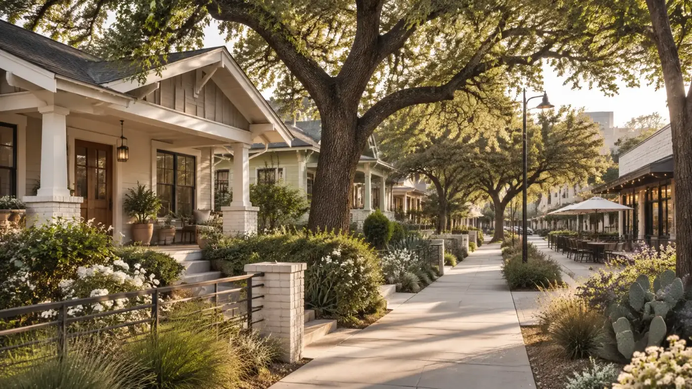 Sunlit residential sidewalk with porch homes, mature trees, and a small row of shops