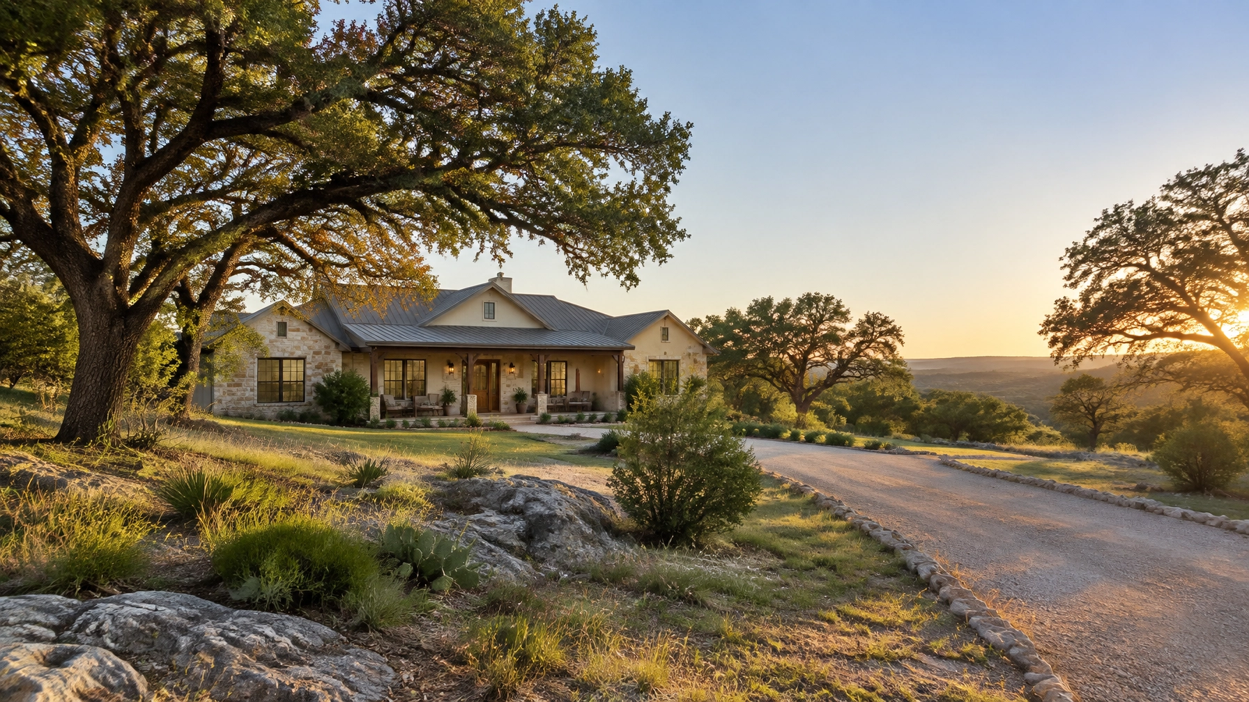Acreage property with a stone home, mature live oaks, and open Hill Country terrain