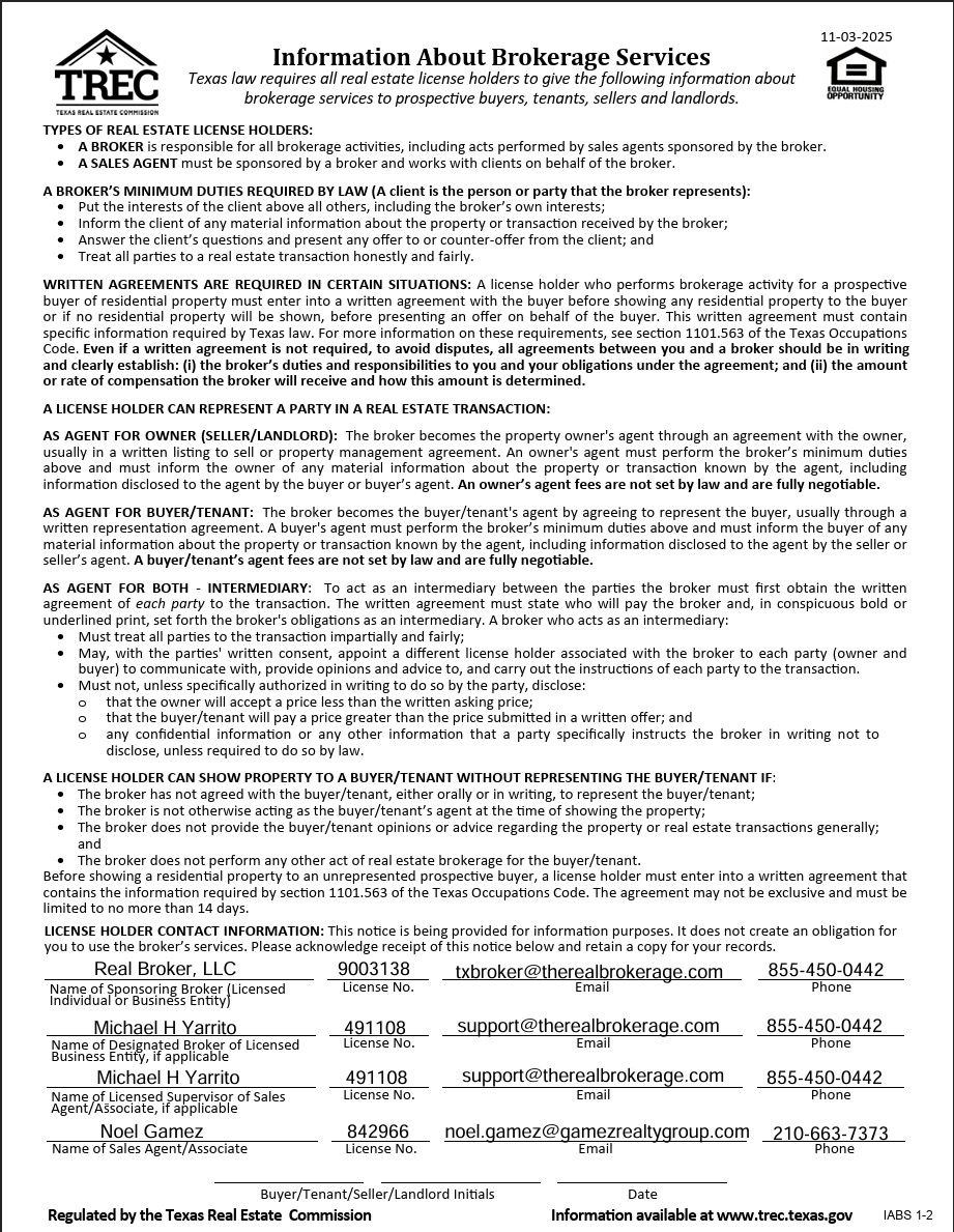 Texas Real Estate Commission Information About Brokerage Services
